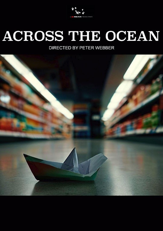 Across the Ocean poster featuring a paper boat on supermarket floor